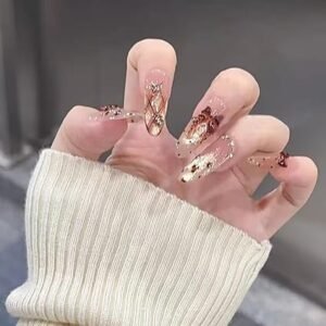 Stiletto Press on Nails Long Nude Fake Nailwith 3D Charms Acrylic Nail Press ons Brown Bow Stick on Nails for Women 24pcs