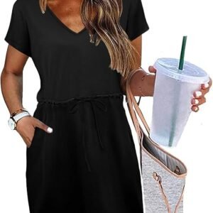 Womens Summer Dresses 2026 Casual Tie Front Short Sleeve A Line Midi Shirt Dress Beach Vacation Clothes