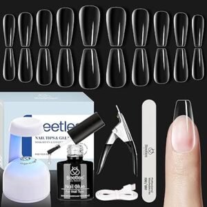 Beetles Soft Gel Nail Kit Medium Coffin Easy Nail Extension Set 5 In 1 Nail Glue Base Coat with Pre shaped Nail Tips and Led Nail Lamp Acrylic Nail Clipper Gifts for Women