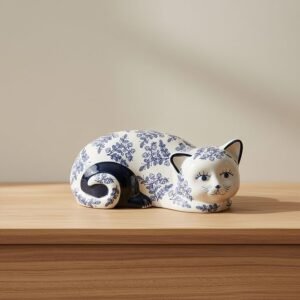 Decorative Ceramic Chinoiserie Cat for Home Decor - Modern Figurine for Bathroom, Office, and Living Room Decor - Ornaments for Shelf Accent, Bedroom, and Coffee Table - 4", Blue & White