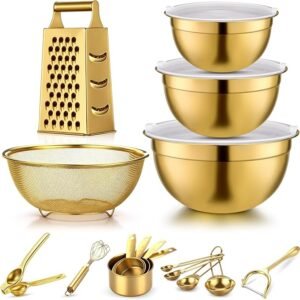 LemonRoad 10 Pcs Gold Kitchen Accessories Set, Includes Gold Mixing Bowls with Airtight Lids, Stainless Steel Colander, Grater Slicer, Lemon Squeezer, Peelers, Egg Whisk, Measuring Cups and Spoons