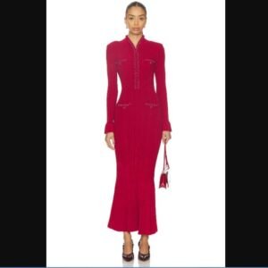 Red Pearl Trim Knit Midi Dress