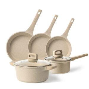 Carote Nonstick Cookware Set 7-Piece,Kitchen Pots and Pans Set,Stay-Cool Handles,Induction Compatible,Cookware Set for RV and Camping,Taupe