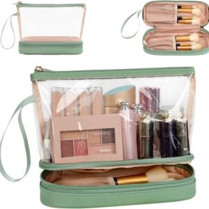 Ethereal Clear Makeup Bag, Green TSA Approved Toiletry Bag with Brushes Compartment Small Travel Make up Bags for Women