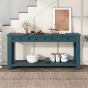 XINGHANZHENXUAN Blue Rustic Chic Console Table with 4 Drawers & Bottom Shelf, Solid Wood Sofa Table for Entryway, Hallway, Living Room