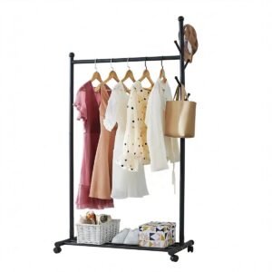 Metal Clothing Rack with Wheels, 41.5inch Coat Rack for Hanging Clothes, Moveable Standing Garment with Storage Shelf-Black