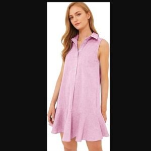 Women's Sleeveless Shirt Dress Summer Collared Button Down Ruffle Hem Tank Mini Dress